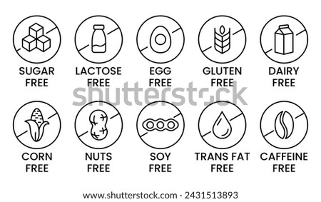 Set allergen free icons. Allergen free products. Products warning symbols. Lactose, gluten, sugar, corn, egg, trans fat, soy, nuts free, coffeine sign.