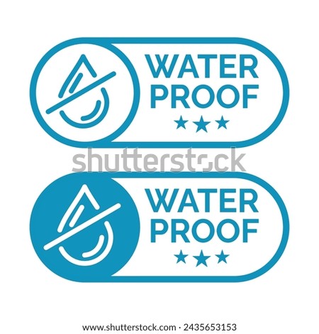 Set waterproof badge vector for product. Collection of water resistant signs. Water protection, liquid proof protection. Shield with water drop. Anti wetting material, surface protection.