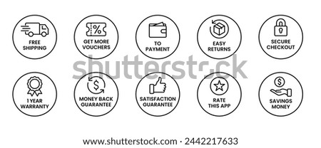 E-commerce and Shopping cart icons line set. Free shipping, voucher, secure checkout, warranty, money back, easy returns, satisfaction guarantee, rate rating, savings money symbol. Vector Illustration