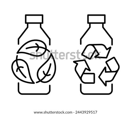 Recycle plastic bottle icon line with green leaves. Set of symbols and signs for design of recycle label products.	