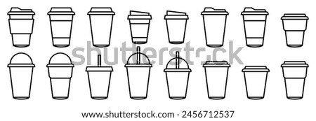 Coffee cup icons vector set in line and flat style. Disposable coffee cup. Coffee paper cup, plastic container for hot and cold drink, juice, tea, cocoa and other. Vector illustration