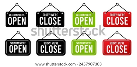 Open and close icon set. Open and close hanger board icons on transparent background. Open close sign on wooden board. Open and close board symbol hanging in shop, restaurant, vector illustration