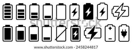 Battery icon set. Battery Full charge indicator or low charge sign. Level battery Energy powerfully full.