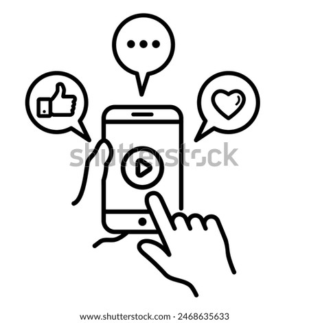 Mobile Phone Line click likes, comments and loves Icon photo and video. Hand holding smartphone.