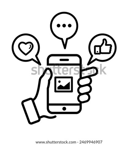 Mobile Phone Line click likes, comments and loves Icon photo and video. Hand holding smartphone.