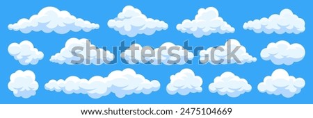 Set of cartoon cloud in a flat design. Fluffy white cartoon clouds in blue sky vector set. Cloudy day heaven. Cartoon cloudy fluffy illustration