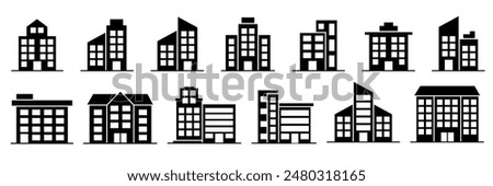 Building icon set in line black flat house, office, bank, school, hotel, shop, university, city, real estate and hospital symbol.