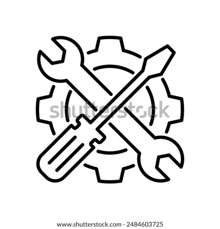 Fix service tools, wrench and screwdriver, repair instruments, simple line icon. Gears logo line black icon collections. Wheel cogwheel vector.