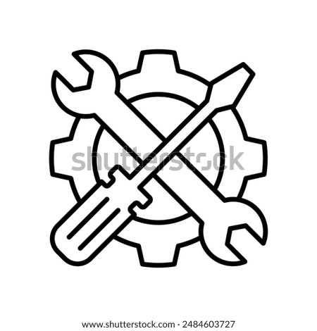 Fix service tools, wrench and screwdriver, repair instruments, simple line icon. Gears logo line black icon collections. Wheel cogwheel vector.