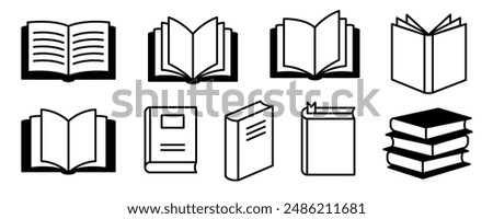 Open close book black line icons. Literature book logo. Textbook symbols. Vector illustration.