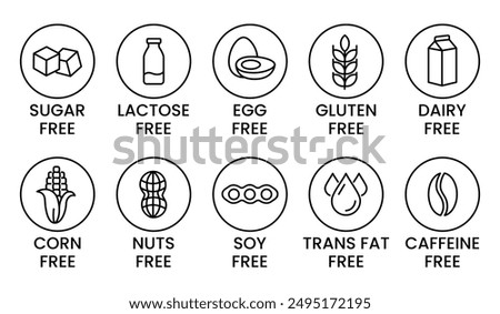 Set allergen free icons. Allergen free products. Products warning symbols. Lactose, gluten, sugar, corn, egg, trans fat, soy, nuts free, coffeine sign.