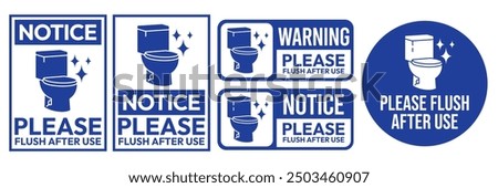 Please flush toilet after use sign, logo, badge, icon, sticker, label, emblem, stamp, symbol, black, line, flat vector, isolated illustration.