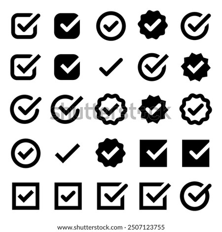 Checkmark icons. Checkmark vector set. Checked check box sign. Approved symbol. Check mark icon. Correct vote choice isolated symbol. Vector Illustration.