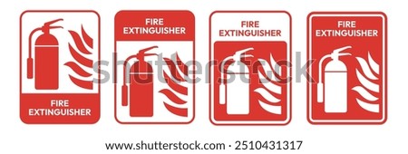 Fire extinguisher sign. Firefighters tools for flame fighting symbol, logo, badge, icon, sticker, label, emblem, stamp, red, line, flat vector, isolated illustration.