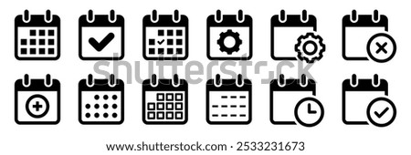 Calendar flat icon set. Deadline, calendar notification, reminder organizer. Containing date, schedule, month, week, appointment, agenda, organization, and event icons. Vector illustration.