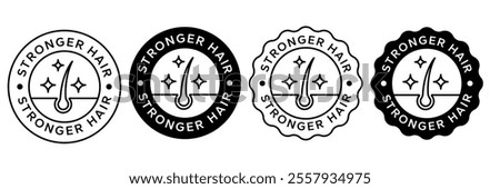 Strong healthy hair line icon set. Stronger hair logo, label, badge, sticker, symbol, emblem, black, circle, line, vector, isolated illustration. Stronger hair label for product packaging design.