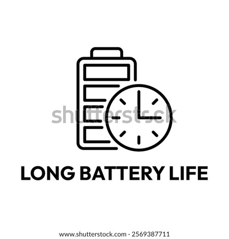 Long battery life icon set. Long battery life logo, label, badge, symbol, banner, line, flat vector, isolated illustration. Long lasting icons. Long battery life label for product packaging design.