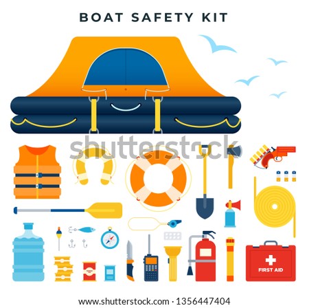 Boat safety kit, set of icons. Water rescue . Survival after a ship wreck. Equipment and tools for saving life. Inflatable raft, lifeline, life jacket, rocket launcher, knife, etc. Vector illustration