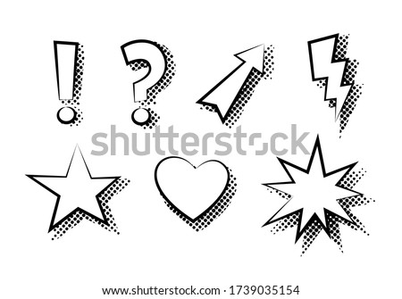 Set of exclamation, question, arrow, lightning, star, heart, explosion flat icon vector isolated