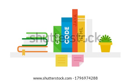 Programming books with text CSS, CODE, JAVA, HTML on the shelf vector illustration in a flat design.