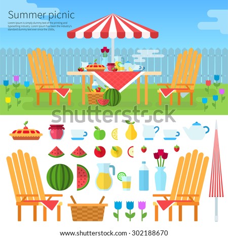 Summer picnic in garden with flowers: umbrella, chairs, basket with food, fruits, cake. Illustration, icon set flat design of picnic items. For web banners promotional materials presentation templates