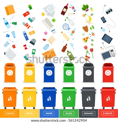 Garbage cans vector flat illustrations. Many garbage cans with sorted garbage. Sorting garbage. Ecology and recycle concept. Trash cans isolated on white background