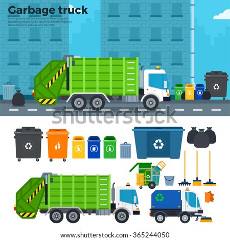 Garbage Truck Vector Flat Illustrations. Garbage Car On The Street ...