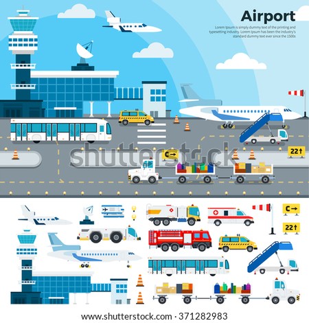 Airport vector flat illustrations. Modern airport exterior with different cargoes. Working day on the airfield. Airplanes, different planes, cars, buildings, tickets, luggage isolated on white 