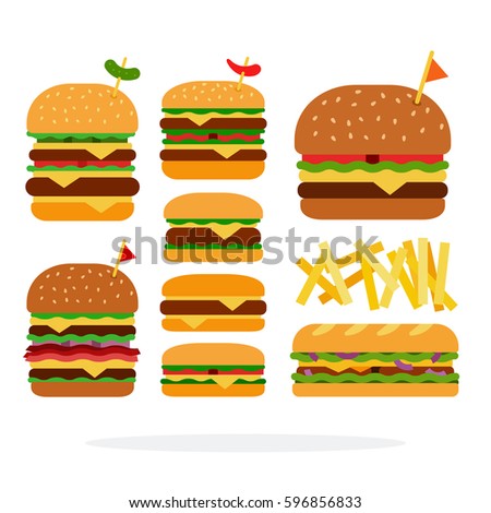 Hamburger, cheeseburger, sandwich, double burger with beef burger with cheese and bacon, french fries vector flat material design isolated on white