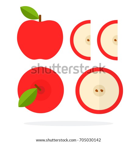 Red apple with a leaf top view. A red apple, a round apple slice with seeds and two wedges of a red apple vector flat material design isolated on white