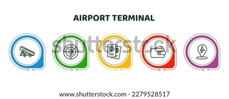 editable thin line icons with infographic template. infographic for airport terminal concept. included gangway truck, airport radar, two passports, purse with bill, airport placeholder icons.