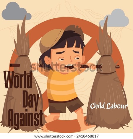 Illustration of World Day Against Child Labor, with Children Working for hay. Prohibition sign for Campaign Template