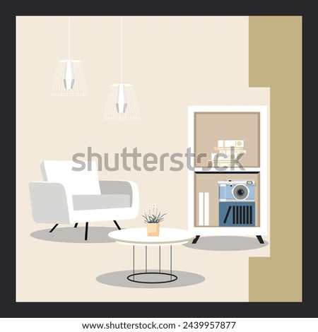 Home interior decoration. Chairs, tables, hanging lamps. elegant background