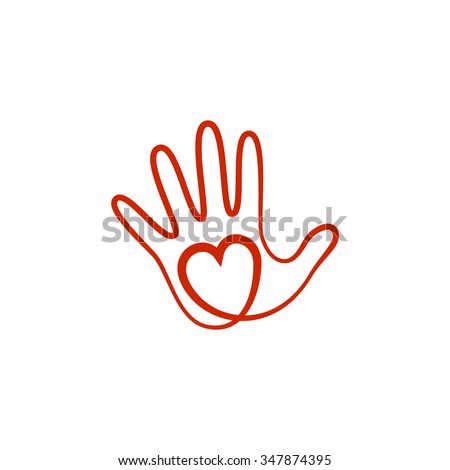 Abstract vector logo heart in a hand. Stylized line icon.