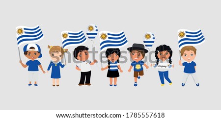 Children holding Uruguayan flags. Modern design template for greeting card, ad, promotion, poster, flyer, blog, article, social media Vector illustration