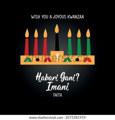 Questions in Swahili: How are you. Traditional greetings during Kwanzaa. Imani means Faith. Congratulations on the seventh day of Kwanzaa. African American holidays card