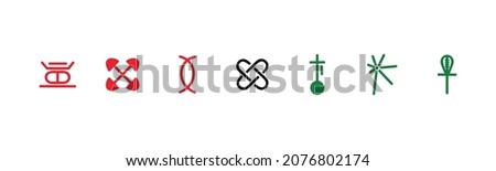 Traditional Kwanzaa symbols. Vector icon. Isolated on white background. Unity, Self Determination, Collective Work and Responsibility, Cooperative economics, Purpose, Creativity, Faith