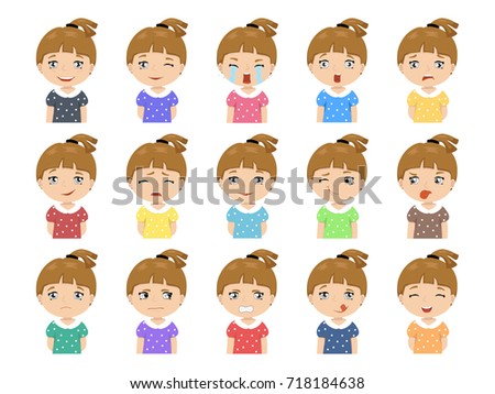 Set of Cartoon cute caucasian girl face emotions Vector Icons