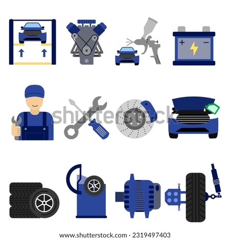 Car service and maintenance icons set. Car repairment vector illustration. Hydraulic lift, engine, mechanic, paint service, disc brake, wheel alignment and oil replacement