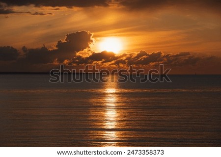 Image, Stock Photo Sunset in Finland on lake with birch leaves