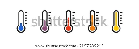 Isolated thermometer icon set. Blue cold, red hot temperature symbols. Flat set with blue, violet, red, orange, and yellow thermometer icon on white background. EPS10