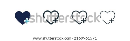 Heart plus vector icon. Black and blue hearts symbol. Simple pharmacy outline icons. Set of health icons. EPS10