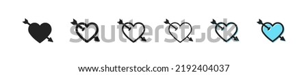 Pierced heart icon. Heart with arrow vector symbol. Simple cupid's arrow outline icons. Pierced hearts icons set. Flat web icon. EPS10