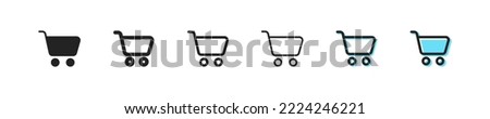Shopping cart set icon. Check mark, arrow, cross, plus, add and remove items to the cart, like, star, favoirite. Purchase concept. Vector black line icon on white background
