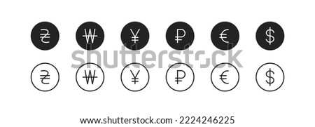 Currency symbols set icon. Dollar sign, euro, russian ruble, rub, money, banking, income, spending, cash, cashless payments. Financial management concept. Vector line icon for Business
