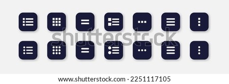 Menu buttons set icon. Tiles, squares, arrows, lists, application buttons, alignment, slider, slide, scrolling. Knob concept. Neomorphism style. Vector line icon for Business