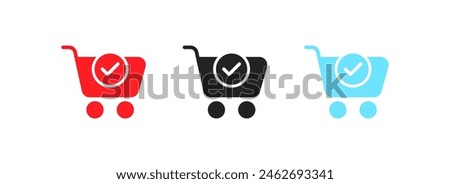 Verified cart icons. Shopping cart and check mark. Flat style. Vector icons