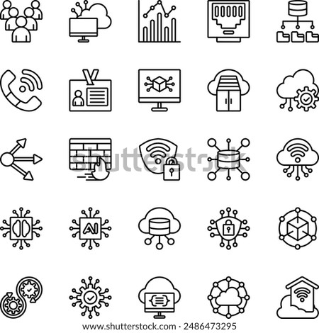 Cloud Computing Network Line Icons Set. Contains Icons such as Statistics, Artificial Intelligence, Big Data, Cloud Computing, Firewall, Identity, Ethernet, Queue, Container, Cybersecurity.