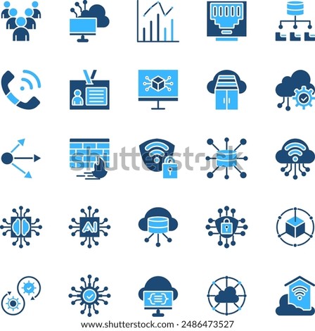 Cloud Computing Network Solid Color Icons Set. Contains Icons such as Statistics, Artificial Intelligence, Big Data, Cloud Computing, Firewall, Identity, Ethernet, Queue, Container, Cybersecurity.