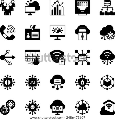 Cloud Computing Network Glyph Icons Set. Contains Icons such as Statistics, Artificial Intelligence, Big Data, Cloud Computing, Firewall, Identity, Ethernet, Queue, Container, Cybersecurity.